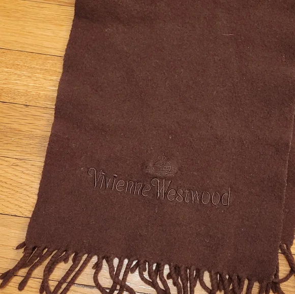 VIVIENNE WESTWOOD LOGO BROWN WOOL BLEND FRINGE SCARF - Picture 5 of 5